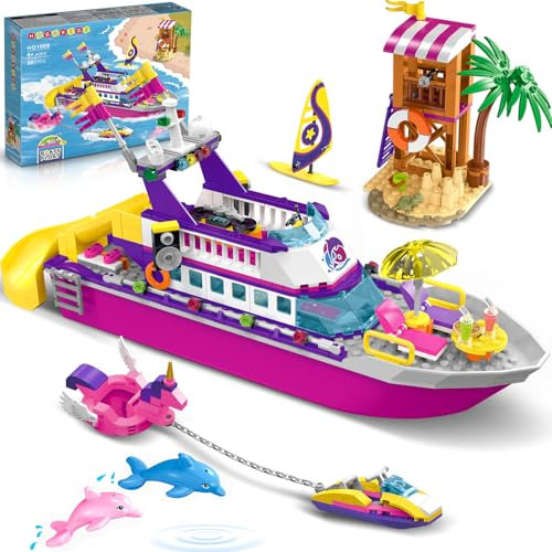 HOGOKIDS Bootsbausatz mit LED-Licht – schwimmfähiges Kreuzfahrtschiff-Bauspielzeug mit Strand-Wasserscooter Delfin, Freunde-Spielset, Geschenke für Kinder Mädchen Jungen von 6–12 Jahren (501 Teile)