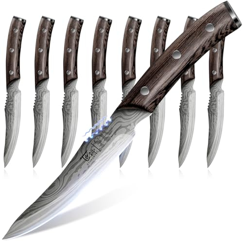 SYOKAMI Steak Knives Set of 8, 4.8 Inch High-Carbon Japanese Stainless Steel Non-Serrated Meat Knife with Wood Handle, Damascus Pattern Full Tang Design, Razor-Sharp Dinner Knives with Gift Box