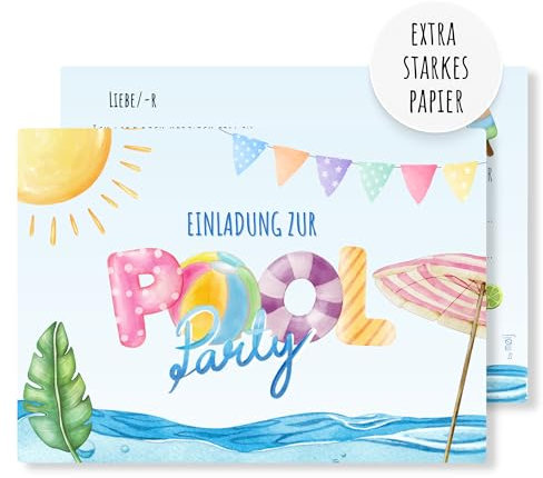 12x EINLADUNGSKARTEN für Mädchen & Jungen Kindergeburtstag - schöne Karten mit Pool Party Motiv
