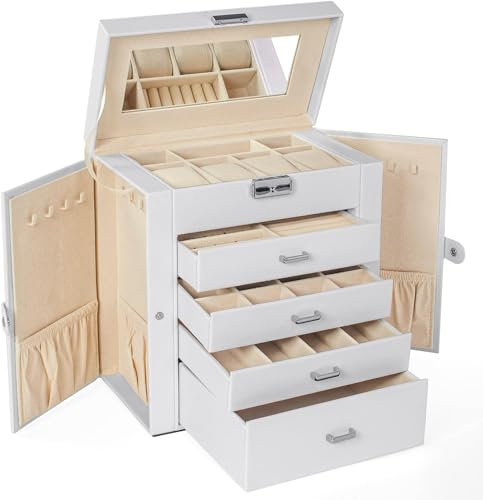 OUUTMEE 5 Tiers Jewellery Box Organiser for Women Girls, Large PU Leather Jewellery Storage Case with 4 Drawers, Lockable Jewellery Storage Organiser with Mirror for Necklace Earring Ring Watch(White)