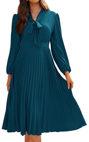 Damen Teekleid Swing A-Linien Kleid Langarm V-Ausschnitt mit Verstecktem Reißverschluss Grau Blau 44