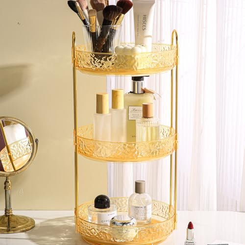 Fangoo 3 Livelli Organizer per Cosmetici Rotante a 360°Trucchi Girevole Bagno Portaoggetti Porta Profumi Organizer PortaTrucchi Adatto per Toilette Camera Da Letto Bagno（Champagne Dorato）