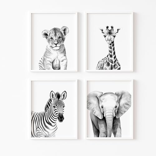 ayurvana Láminas Infantiles Safari Blanco y Negro SIN MARCO - Set de 4 Cuadros Decorativos Animales para Habitación de Bebé Niño o Niña - Posters Decoración Infantil Moderna y Neutra - A4