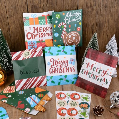 BETESSIN Geschenktüten Weihnachten - 48 Stück 13x16cm Papiertüten Klein mit Aufklebern - Weihnachtstüten zum Befüllen - Adventskalender Tüten zum Basteln - Mitgebsel Tüten Weihnachten
