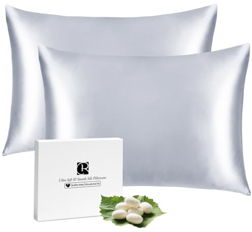 Ravmix Silk Pillowcase for Hair and Skin 21Momme Both Sides Mulberry Silk Pillow Case with Hidden Zipper, 2 Pack, Standard 50×75 CM, Silver Grey