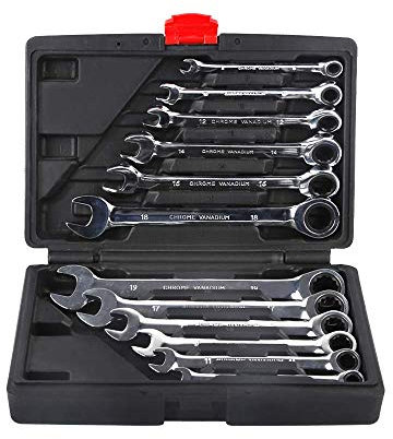 OHMG 12 Pièces Clés Plates à Cliquet, Cles à Fourches en Acier au Chrome Vanadium 8-19mm, Bricolage Jeu de Clefs Mixtes Outils avec Valise de Rangement pour Réparation de Garage Automobile (B)