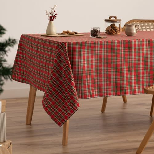 GAMUSI Tischdecke, rechteckig, Weihnachten, Stoff, Karo, Rot, Gold, Esstisch, Weihnachtsdekoration, 140 x 300 cm, Rot