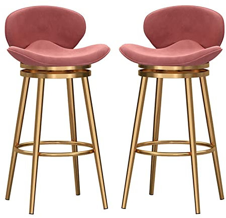Set di 2 sgabelli da bar girevoli in velluto con schienale curvo e poggiapiedi, seduta imbottita di lusso, per cucina, colazione, gambe rosa/oro, altezza seduta 75 cm