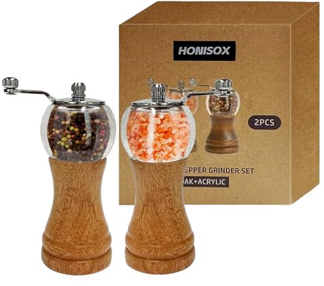Pepper Grinder Set, Wooden Manual Pepper Grinder with Handle Peppermill Grinder, Refillable Ceramic Blade Grinding, Enjoy Fresh Ground Pepper Salts with Spices, 2pcs-6in