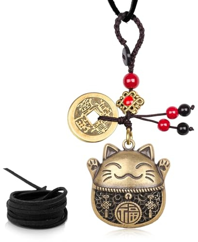 Lucky Cat Rearview Mirror Pendant with Five Emperors Feng Shui Coins, Brass Maneki Neko Charm for Good Luck and Wealth, Tassel Hanging Decoration, Car Interior Accessories