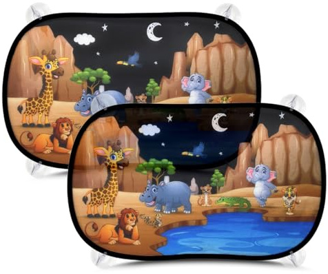 Rluobo Sonnenschutz Auto Baby mit UV Schutz 51x31cm, 2 Stück Sonnenschutz für Auto mit 8 Saugnäpfen Schatten Autofenster Seitenscheibe Motiv Tiere (Nachtaktive Tiere)