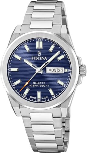 Festina Swiss Made Herrenuhr Analog - Edelstahl 316L Silber - Quarzwerk - Datum - Saphirglas Widerstandsfähig - Wasserdicht 10 ATM - F20073/2 Classic Steel