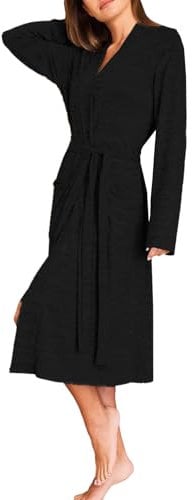 NLAND Vestaglia Kimono Lungo Donna Morbida e Confortevole Scollo a V Vestaglie da Notte Eleganti con Cintura e Tasche per Sonno Relax Casa(Nero,XL)