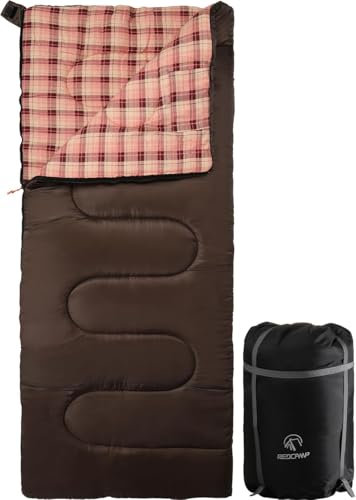 REDCAMP XL Baumwoll Schlafsack Outdoor warm mit Abnehmbarer Kapuze,Bequeme Flanell Kompakt deckenschlafsack 3-4 Jahreszeit Kaltes Wetter Outdoor Winter für Angeln Camping, Braun mit 2lbs Füllung