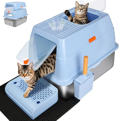 SZEETECH Katzenklo Groß XL, Edelstahl Katzentoilette mit Deckel, Stainless Steel Cat Litter Box, Geschlossen Katzen Klo Hohe Rand, Zwei Eingänge, Schaufel+Matte+Trettstufe- 60 x 40 x 39,5cm(Blau)