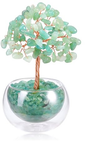 Jovivi 12-13cm DIY Arbre de Vie Pierre Naturelle sur Bol en Verre Arbre de Vie Pierre de Guérison Fengshui Tree Porte Bonheur Décoration de Bureau Maison et Domicile (Aventurine Vert)