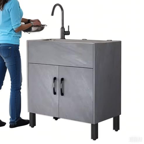 Évier en Acier Inoxydable Evier Exterieur Meuble Sous Acier Inoxydable 304 Evier Cuisine, une Utilisation en Extérieur et en Intérieur(Gray,65x45x80cm)