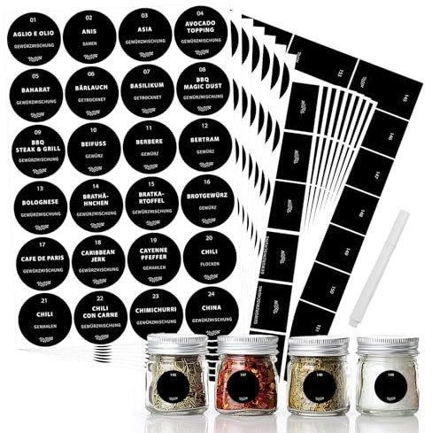 Gewürzetiketten Selbstklebend, 336 Stück Deutsche Gewürzaufkleber, Fett- & Wasserabweisend Moderne Vorratsetiketten, Etiketten für Gewürzgläser & Vorratsbehälter (Schwarz)