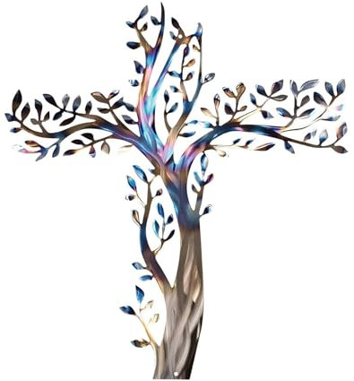 SUNFECILI Arte della Parete a Croce di Metallo, Albero di Metallo della Vita, Foglia di Oliva Foglia Luminosa Classica Muro Appeso, Soggiorno Decorazione per Esterni, Incrocio Appeso