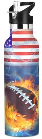 Rugby-Fußball-Amerika-Wasserflaschen für Jungen, Kinder, Edelstahl-Flaschenbecher mit Strohhalm-Deckel, auslaufsicher, isoliert, 590 ml