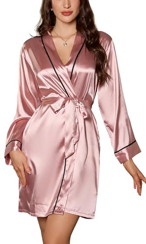 Vestaglia da donna in seta corta kimono accappatoio raso sposa damigella d'onore vestaglia vestaglia loungewear, rosa, XL