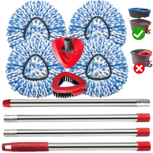 Fazlynyi Spin Mop Replace Heads for O Cedar Rinse Clean 2 Tank System, Spin Mop Replacement Head 4 Microfiber Mop Refills, 1 Triangle Head Cover and 30-58in Handle 1 1Scrub Brush
