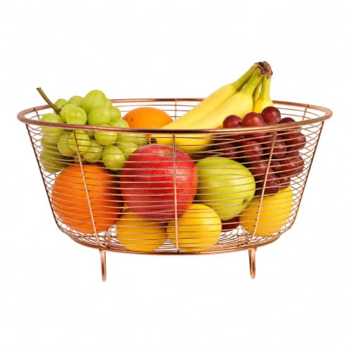 GLEAVI Rose Gold Fruit Bowl Basket: 8.57in Wire Holder Kitchen Worktop - Stainless Steel Produce Stand for Dining Table Centrepiece