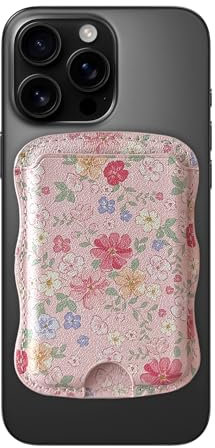 ZCDAYE Handy Kartenhalter für 1-3 Karten, Leder Magnetischer Kartenetui Starke Magnetkraft RFID Schutz, Süße Wellige Klebend Kartentasche Kartenhülle für iPhone 16/15/14/13/12 Serie,Rosa Blumen