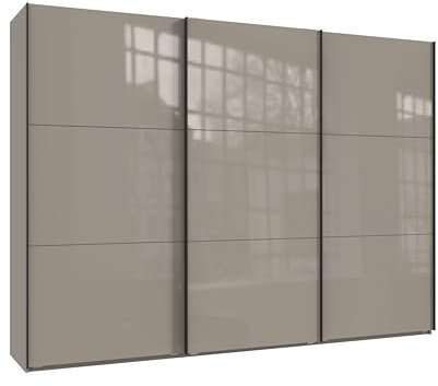 Schwebetürenschrank 3-türig B300/H216/T65 cm in Sand Grau m. Glasfront, schwarzen Griffleisten, inkl. Selbsteinzug, Kleiderschrank m. Einlegeböden, Kleiderstangen, Schubladen, Wäscheeinteilung / 22037