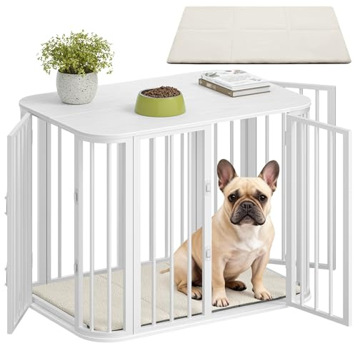 Hzuaneri Hundekäfig Möbel, Indoor Hundebox mit Kissen, Weiß | Modernes Dreitür-Design, Beistelltisch aus Holz, Geeignet für Kleine und Mittelgroße Hunde, 80 x 55 x 61,5 cm, DFC87713W