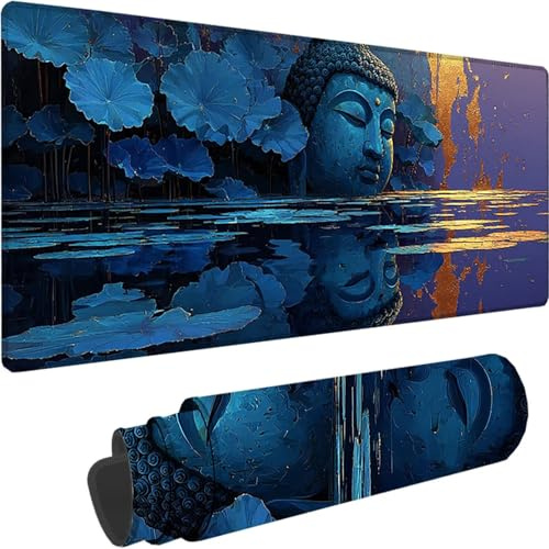 Blau Mauspad XXL 600x300x3 mm Groß Gaming Mauspad Zen Muster, Schreibtischunterlage mit rutschfeste Gummibasis, Wasserfest Mousepad Vernähte Kanten Design für Büro Deko, Geschenk für Männer z-7407