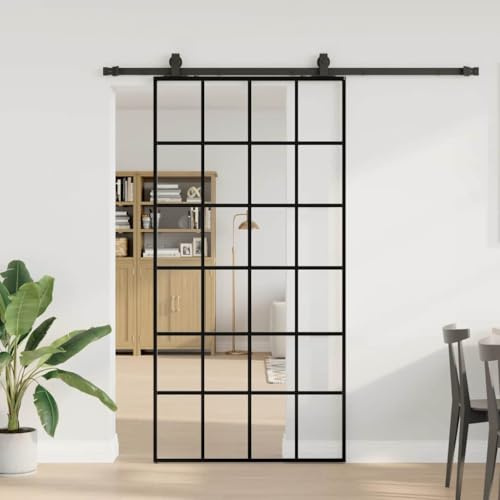 Porte coulissante noire avec kit de matériel, panneau en verre trempé ESG 102 x 205 cm, système de glissement lisse et silencieux, design peu encombrant pour chambre, cuisine, garage
