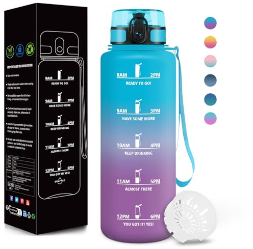 Motswedi Borraccia, 1500ML Senza BPA, Borraccia Palestra, Design della Serratura a Prova di Perdite, Bottiglia Motivazionale, Con Marca Temporale, Bottiglia per Ufficio, Stadio, Palestra - Blu&viola