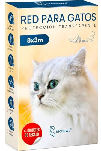 NICEOWL Red de Protección para Gatos en Terrazas y Balcones 8x3m | Nylon duradero e invisible, alta resistencia a la intemperie y sistema anticaídas para seguridad en ventanas.