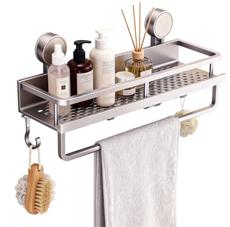 QUTHZZHY Saugnapf-Duschablage ohne Bohren, Duschablage Saugnapf, Duschgel Halterung mit 5 Haken und 1 Handtuchhalter, Shampoo Halterung für Dusche, 10 kg Tragfähigkeit, für Badezimmer & Küche