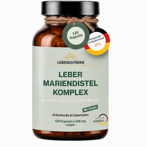 LEBER MARIENDISTEL KOMPLEX hochdosiert 4-Fach-Komplex Artischocke, Löwenzahn, Mariendistel (80% Silymarin), Cholin für Leberfunktion. Vegan. 120 Kapseln. 60 Tage. Aus Deutschland. Für Frau und Mann