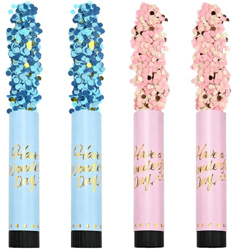 DRERIO 4er Set Konfetti Kanone Gender Reveal - Blau & Rosa 20 cm | 4er Set Rosa & Blau Konfetti Kanone 20 cm - ideal für Gender Reveal, JGA & Party Biologisch abbaubar