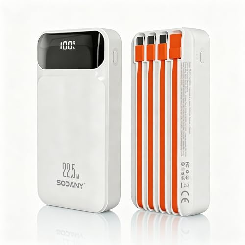 Batería Externa 20000mAh Carga Rápida 22.5W, SODANY Power Bank con 4 Cables Integrados (Tipo-C, Lightning) y Pantalla Digital LCD, Cargador Portátil Universal para iPhone, Samsung, Xiaomi y Viajes