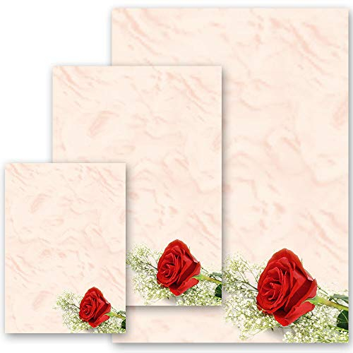 50 Blatt Briefpapier Blumenmotiv ROTE ROSE - DIN A4 Format | Paper-Media