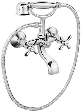Schwere Nostalgie Retro Wannenarmatur mit Kreuzgriffen von Ferro Chrom mit Handbrause und Brauseschlauch