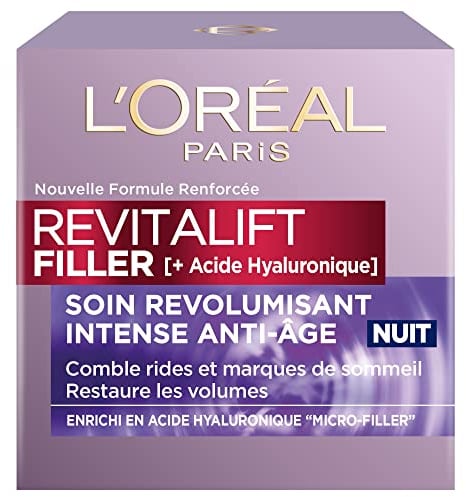 L'Oréal Paris - Soin Nuit Revolumisant Anti-Rides & Volume - Crème Hydratante & Anti-Âge - Concentré en Acide Hyaluronique - Pour une Peau Repulpée - Tous Types de Peaux - Revitalift Filler - 50 ml
