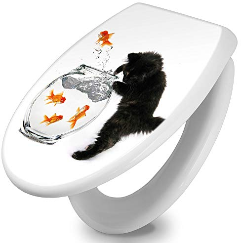 banjado Toilettendeckel mit Absenkautomatik 44,5x37cm / WC Sitz mit Absenkautomatik/Toilettensitz Duroplast mit Edelstahl Scharnieren/Klodeckel mit Absenkautomatik Motiv Katze Und Fisch