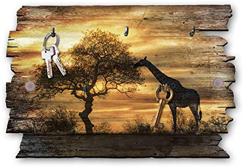 Kreative Feder Giraffe Afrika Designer Schlüsselbrett, Hakenleiste im Landhaus-Stil, Shabby-Chic aus Holz 30x20cm (Giraffe Afrika)
