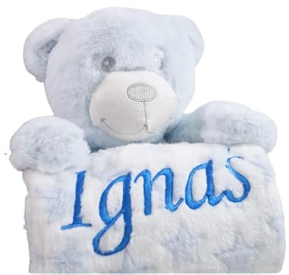Geschenk-Set New Baby ★ Babydecke mit Namen + Plüschtier ★ Baby-Shower ★ Geburt ★ (Blau - Teddybär)