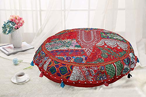 DK Homewares Indisch Baumwolle Sitzkissen Rund bodenkissenbezug 55x55 Bohemian Rot Patchwork Gestickt Wohnkultur Rund Vintage Bodenkissen Kinder - 22x22 Inch