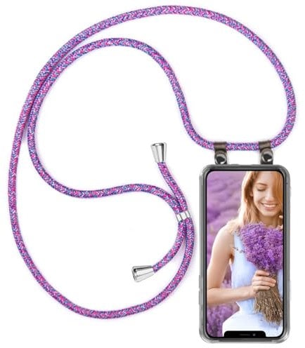 moex Mobile Phone Chain, Compatible with Apple iPhone XR Case with Strap Adjustable Length, Silicone Case, Transparent with Chain in Purple Pink, Removable