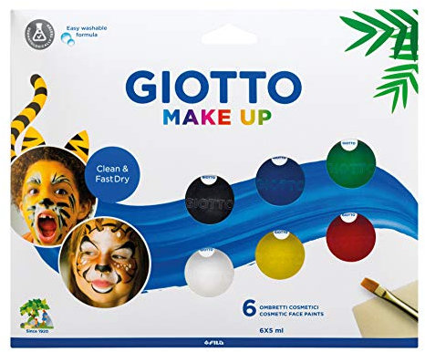 GIOTTO Make-up, schnell trocknende kosmetische Gesichtsfarben, leicht von der Haut waschbar, 6 x 5 ml, verschiedene Farben, inklusive Pinsel und Schwamm, ideal für Kinder und Partys