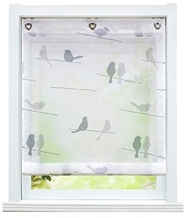 ESLIR Raffrollo ohne Bohren Raffgardine mit Ösen Transparent Gardinen mit U-Haken Ösenrollo Modern Weiß Vögel Muster BxH 100x140cm 1 Stück