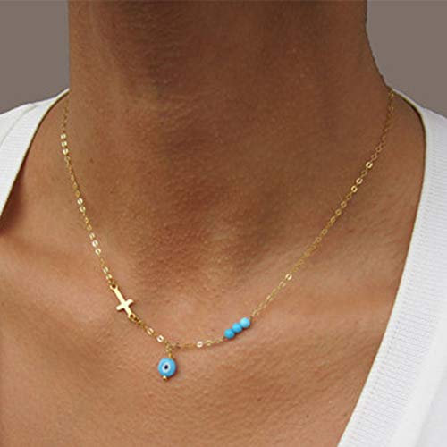TseenYi Türkisfarbene Kreuz-Halskette, Choker, böser Blick-Anhänger, Halskette, verstellbare Schlüsselbeinkette, Religionsschutz, Schmuck für Frauen und Mädchen, 1 Count (Pack of 1), Metall Metall
