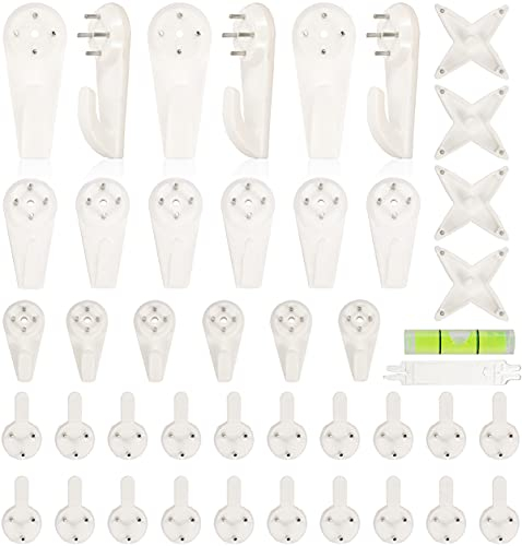 IDEALHOUSE 42pcs Non-Trace Picture Hooks for Hard Wall, Picture Hanging Kit for Frame Fixing, Assorted Hanger Set for Hardwall Drywall Painting Wedding Photos Mirror, White